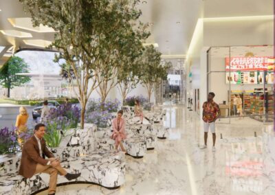 Modern shopping mall interior with seating and greenery, SIAMIQ Thailand.