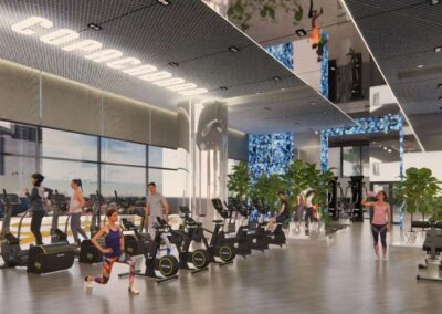 Moderné fitness centrum v apartmáne SIAMIQ s veľkými oknami a výhľadom.
