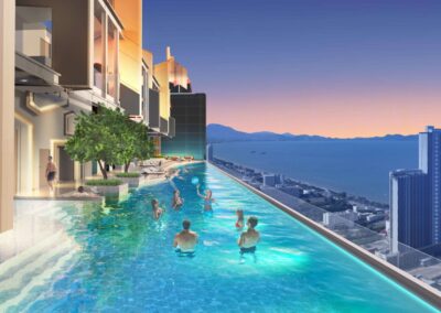 Luxusný infinity bazén na streche s výhľadom na mesto a more, moderné apartmány SIAMIQ.