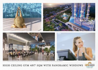Relaxačný pohľad na bazén, panoramatické okná a moderné fitness centrum v Siamiq.