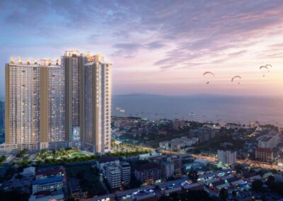 Luxusný výhľad na moderné apartmány SIAMIQ v Thajsku pri západe slnka.