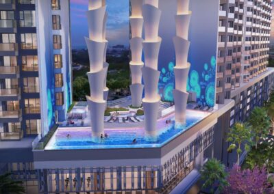 Luxusný hotelový bazén s modernou architektúrou a výhľadom na mesto, Siamiq Thajsko.