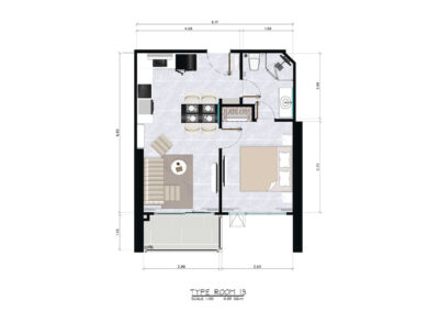 Moderné štúdio apartmán v Siamiq s obývacou izbou a kuchyňou, ideálne pre dovolenku.