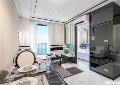 Luxusný moderný apartmán s balkónom a výhľadom na more v Siamiq, Thajsko.