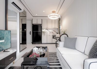 Luxusný moderný obývací priestor v apartmáne SIAMIQ, štýlové zariadenie a vybavenie.