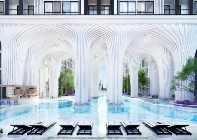 Luxusný bazén s modernou architektúrou a relaxačnými lehátkami, Siamiq Thajsko.