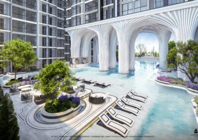 Luxusný bazén s modernou architektúrou a zelenými záhradami v rezidenčnom komplexe SIAMIQ.
