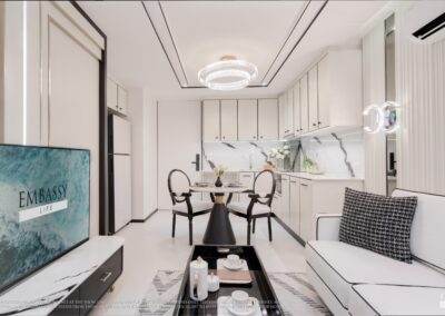 Luxusný moderný interiér apartmánu SIAMIQ v Thajsku, elegantná kuchyňa a obývačka.