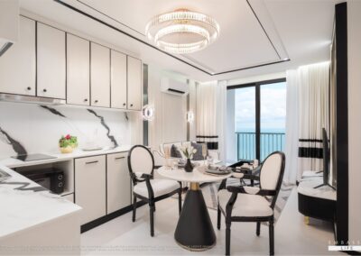 Elegant modern living room with sea view, white decor, and stylish furniture at SIAMIQ.