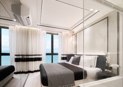 Luxusný moderný hotelový apartmán s výhľadom na more, elegantný interiér, SIAMIQ.