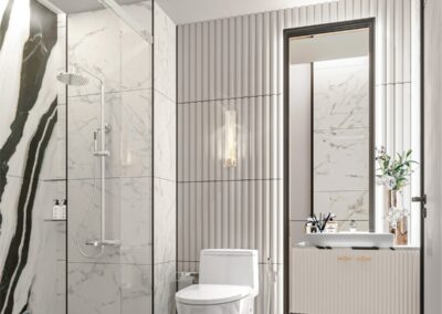 Luxusná kúpeľňa s moderným dizajnom, sprchovacím kútom a toaletou v SIAMIQ apartmáne.