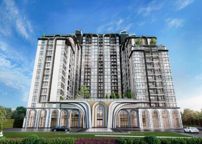 Luxusný moderný apartmánový komplex SIAMIQ v Thajsku, panoramatický výhľad.