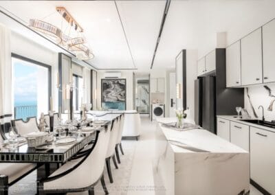 Luxusná moderná kuchyňa s výhľadom na more, elegantný interiér, SIAMIQ, Thajsko.
