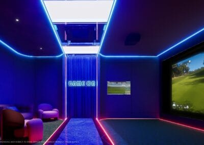 Moderná herňa s veľkým televízorom a LED osvetlením v apartmáne Siamiq, Thajsko.