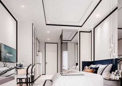 Luxusný moderný hotelový izba s minimalistickým dizajnom a pohodlnou posteľou, Siamiq Thailand.