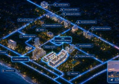 Nočný pohľad na luxusný komplex SIAMIQ v Thajsku s modernou infraštruktúrou a vybavením.