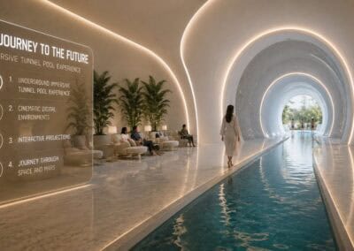 Modern indoor pool with futuristic tunnel design at SIAMIQ, Thajsko.