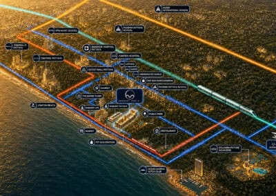 Prehľad metra v Bangkoku s rôznymi linkami a zastávkami pri rieke a v meste.