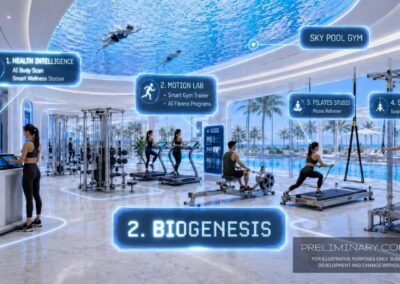 Modern fitness centrum s bazénom a posilňovňou v Siamiq, Thajsko.