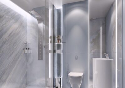 Modern minimalist bathroom with gray and white tones, shower, and toilet.