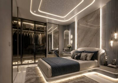 Luxusná spálňa s moderným osvetlením a šatníkom v apartmáne SIAMIQ, Thajsko.