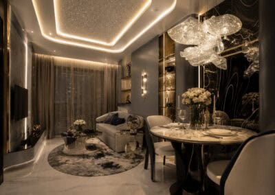 Luxusný obývací a jedálenský priestor v apartmáne SIAMIQ, moderný dizajn a elegantné osvetlenie.