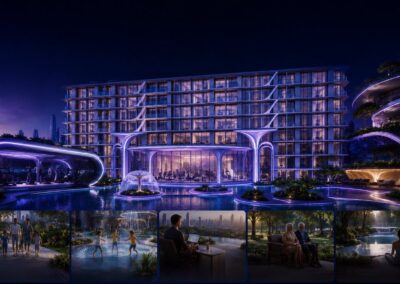 Luxusný nočný pohľad na moderný hotel SIAMIQ s futuristickým dizajnom a osvetlením.