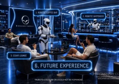 Modern futuristic bar s robotmi a pohodlnými sedačkami v SIAMIQ, Thajsko.