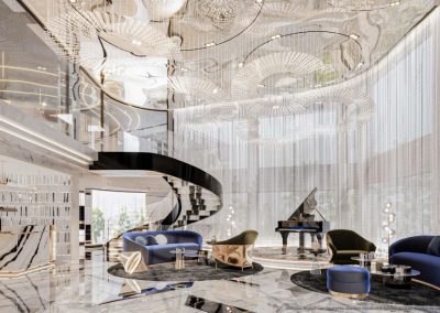 Luxusná hala s moderným interiérom a elegantným nábytkom, relaxačné prostredie.