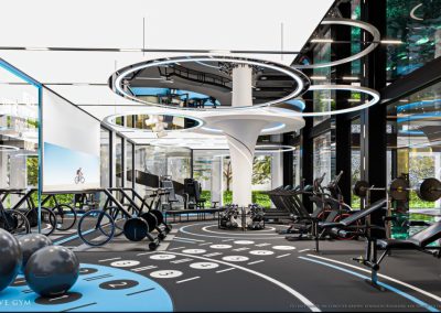 Moderné interiérové fitness centrum s posilňovacím vybavením a cvičebnými zónami.