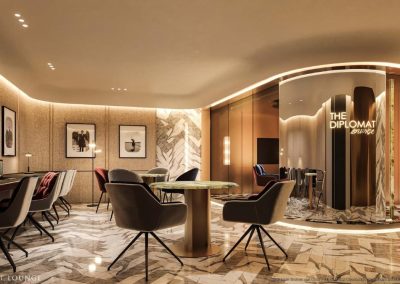Luxusná recepcia a lounge v apartmáne SIAMIQ, moderný dizajn a pohodlie.