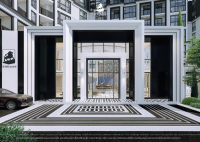 Luxusný vstup do moderného apartmánu Siamiq v Thajsku, elegantný dizajn a architektúra.