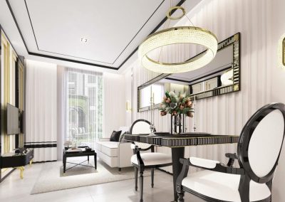 Luxusný moderný obývací priestor s elegantným nábytkom a veľkými oknami.