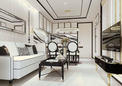 Elegant modern living room with white furniture and stylish decor, luxury interior design.