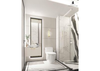 Luxusná kúpeľňa v apartmáne Siamiq, moderný dizajn, biele a čierne prvky.