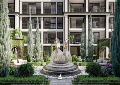 Elegant courtyard with fountain and lush greenery at SIAMIQ Thai-style apartments.