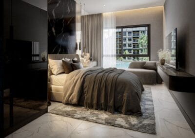 Modern hotel bedroom with large window, neutral decor, and stylish furnishings.