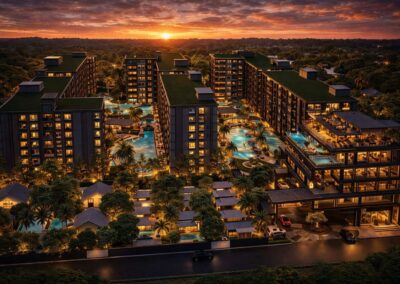 Luxusný rezort SIAMIQ v Thajsku s bazénmi a modernými apartmánmi pri západe slnka.