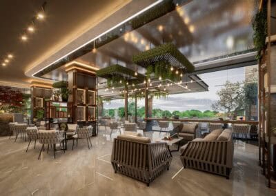 Modern hotel lobby s interiérom s veľkými oknami a pohodlným sedením.