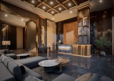 Luxusný hotelový lobby s moderným dizajnom a elegantným interiérom.