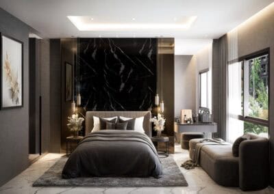 Luxusná spálňa s čiernou a zlatou dekoráciou v apartmáne SIAMIQ, Thajsko.