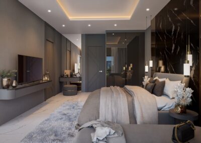Luxusná spálňa s moderným dizajnom a elegantnými detailmi.