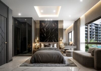 Luxusná spálňa s moderným dizajnom a výhľadom na mesto v apartmáne SIAMIQ.