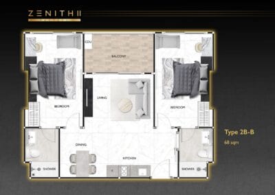 Pôdorys apartmánu SIAMIQ v Thajsku s dvoma spálňami a balkónom.