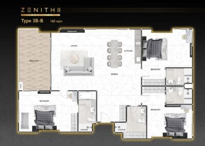 Pôdorys apartmánu SIAMIQ v rezidencii Zenithi, 3-izbový s balkónom a moderným vybavením.