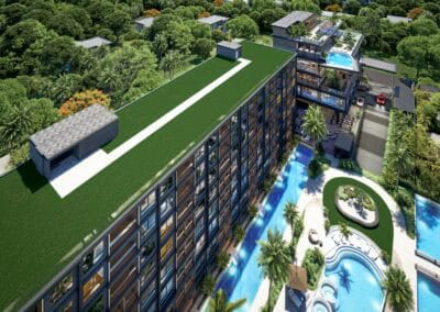 Moderný hotel SIAMIQ s bazénmi a zelenou strechou v tropickom prostredí.