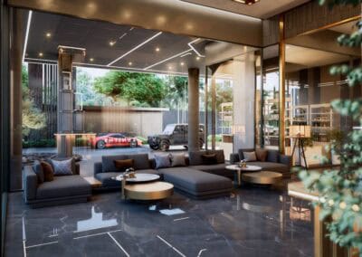 Modern hotel lobby with comfortable seating and large glass windows.