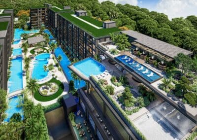 Luxusný hotelový komplex SIAMIQ s bazénmi a zelenými priestormi v Thajsku.