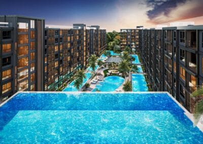 Luxusný komplex s bazénmi a modernými apartmánmi v Thajsku.