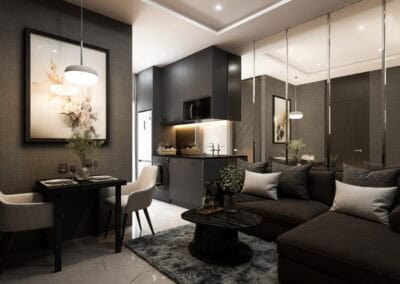 Modern living room with black kitchen, dining area, and stylish decor in SIAMIQ.